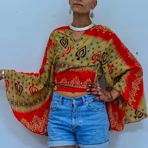 Beige Red Silk Bell Sleeve Blouse, Tribal Abstract, Wrap Crop Top Jacket,  Sustainable clothing, Silk Cardigan