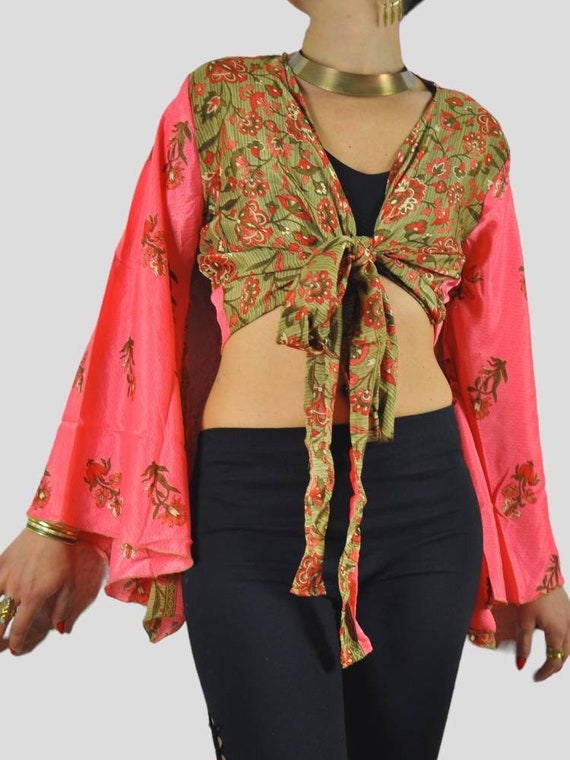 Fancybohoshop Silk Bell Sleeve Blouse Wrap Crop Top, 60s 70s hippie boho  clothes