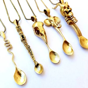 Mini Spoon Necklace Pendant Elephant Snake Buddhist Raptor Skulls Design Spoons Pendants Party Gift Him Her Tribal Psychedelic Brass Jewelry