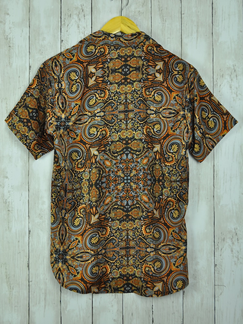 Brown blue green silk shirts, coconut buttons, baroque Paisley floral patterns image 3