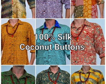 Bulk of Silk Shirts Lot, wholesale 70s 80s 90s style, coconut buttons 100% upcycled fabric, Festival Burning Man Shirt Sustainable Clothing