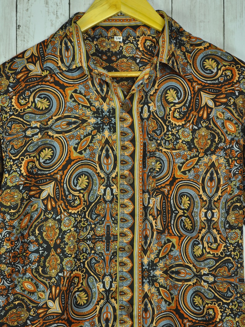 Brown blue green silk shirts, coconut buttons, baroque Paisley floral patterns image 2