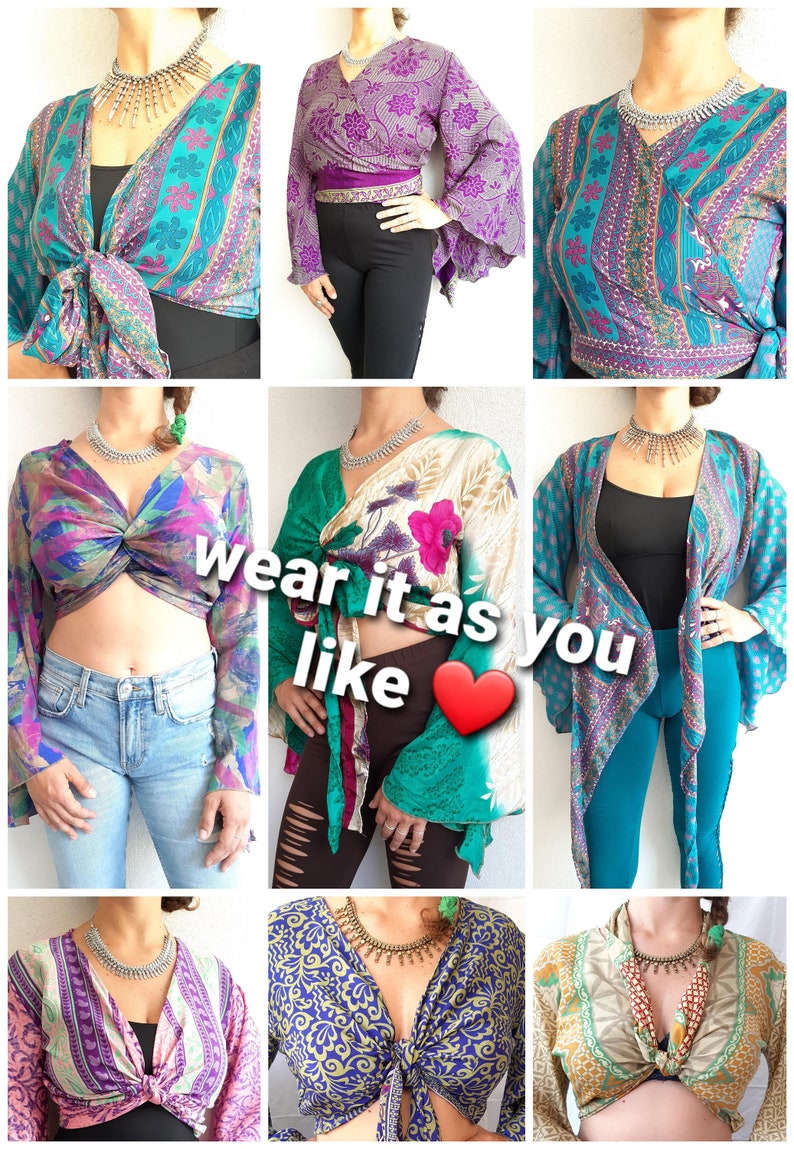 Silk Wrap Crop Top Bell Sleeve Hippie Boho \u2022 gypsy retro \u2022 60s 70s \u2022 festival clothes \u2022 batwing flares