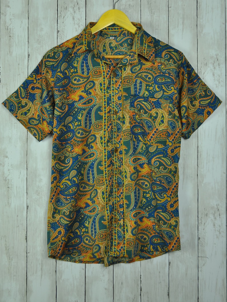 Brown blue green silk shirts, coconut buttons, baroque Paisley floral patterns image 8