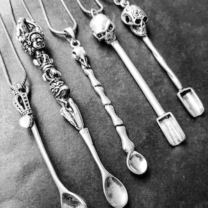 Silver Mini Spoon Necklace, Skulls and Stones Spoon Pendants, Tribal Jewelry Spoon Necklace