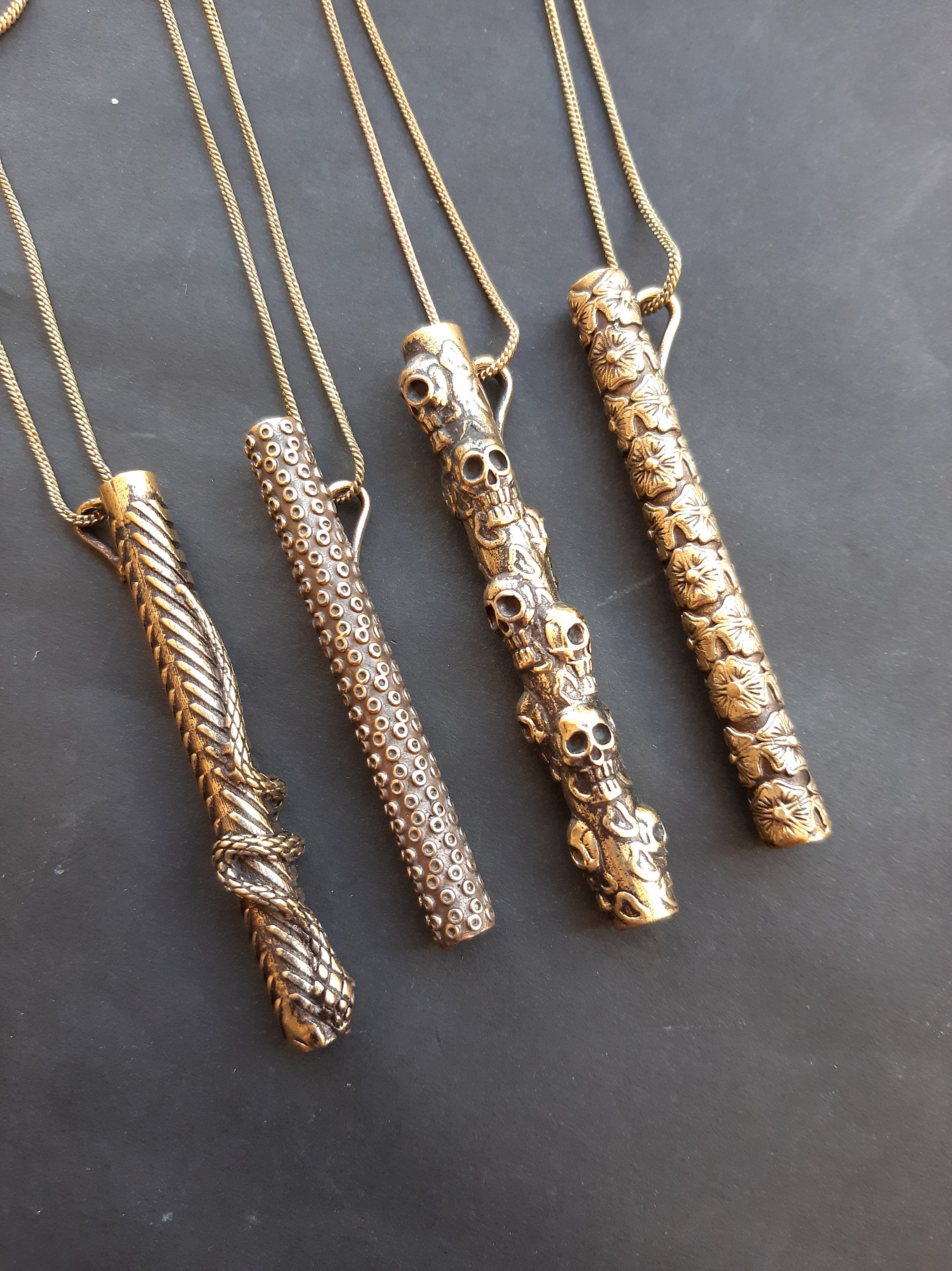 Straw Tubes Brass Necklace, Snake, Skulls, Peyote Pendants, Tribal Jewelry Necklace Pendant  Tube Mini Straws