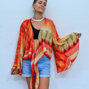 Soft Silk Bell Sleeve Blouse, Orange Beige Brown Abstract, Wrap Crop Top,  Sustainable clothing, Silk Jacket