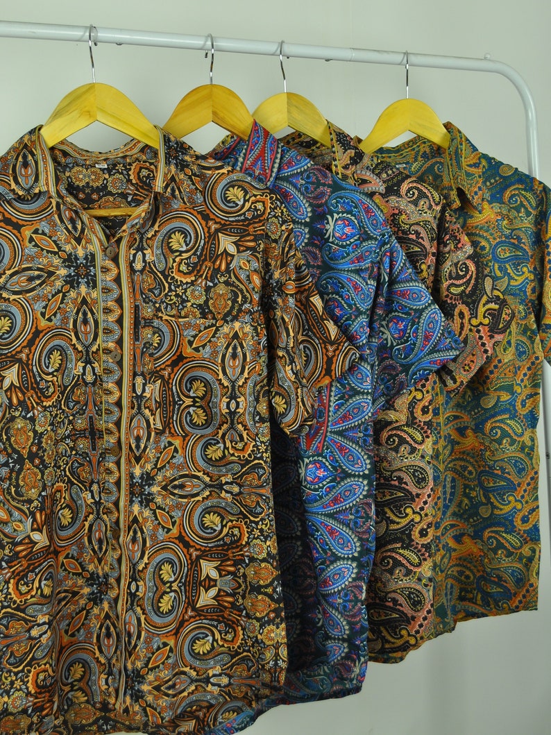 Brown blue green silk shirts, coconut buttons, baroque Paisley floral patterns image 1
