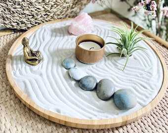 Zen Garden Set Bamboo Wood Large | Meditation Crystals Airplant Home Decor