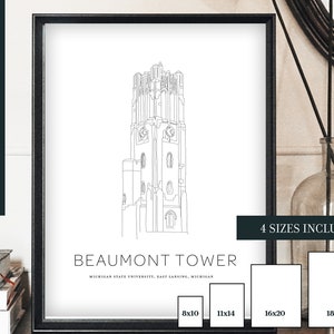 Michigan State Beaumont Tower Line Drawing - MSU Art - East Lansing - Digital Download - 4 sizes available for printing