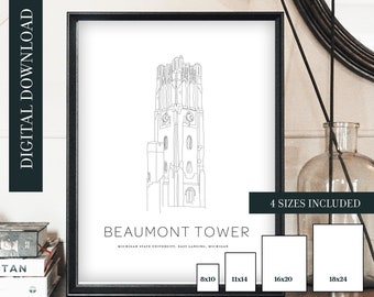 Michigan State Beaumont Tower Line Drawing - MSU Art - East Lansing - Digital Download - 4 sizes available for printing