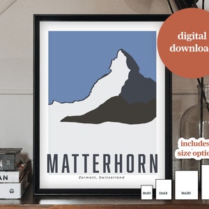 Może przedstawiać: Cyfrowy plik do pobrania minimalistycznego plakatu z  stylizowaną ilustracją Matterhornu, góry położonej w Zermatt w Szwajcarii. Plakat dostępny jest w czterech rozmiarach: 20,3 x 25,4 cm, 27,9 x 35,6 cm, 40,6 x 50,8 cm i 45,7 x 61 cm.