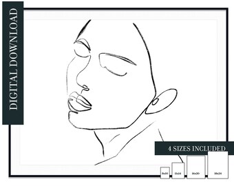 May include: A black and white line drawing of a woman's face. The drawing is minimalist and abstract, with only the essential features of the face being depicted. The woman's eyes are closed, and her lips are slightly parted. The drawing is set against a white background.