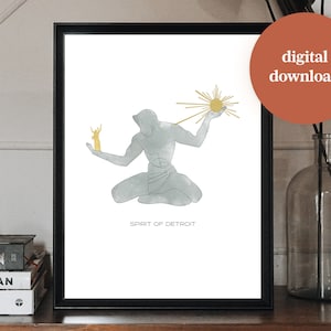 DETROIT PRINT - the spirit of detroit - line art, watercolor print 11&quot; x 17&quot; digital download