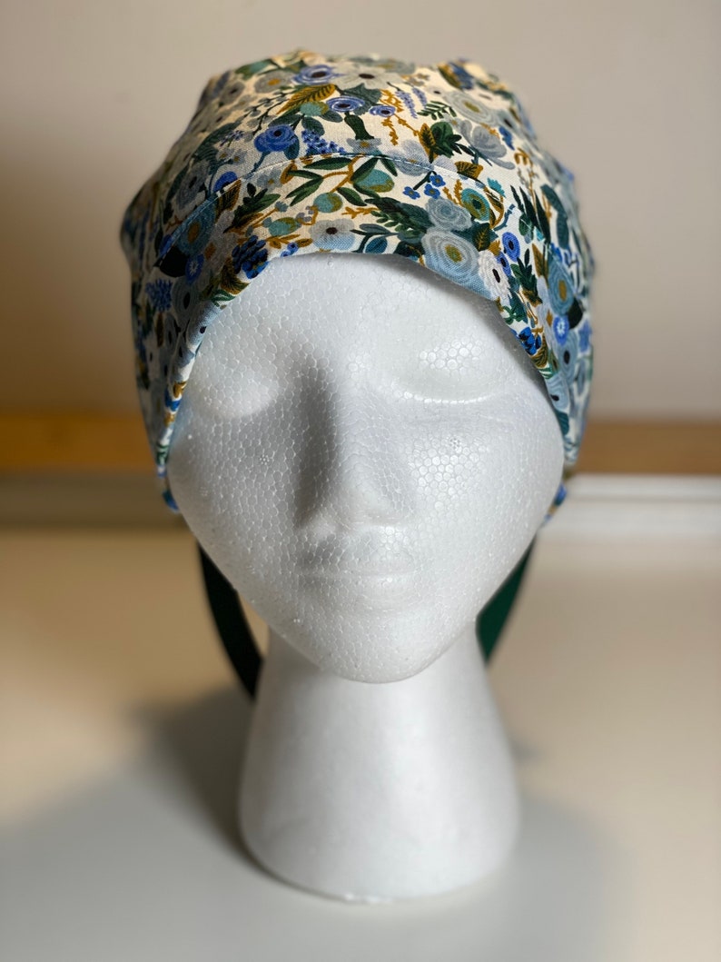 Petite blue garden party scrub hat Bonnet Head Designs Rifle paper surgical hat