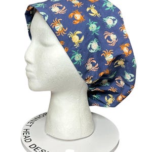 Euro scrub cap with elastic and toggle|summer crab print fabric