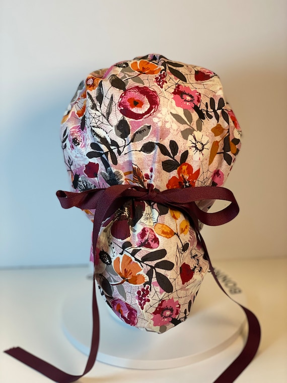 Halloween Floral Ponytail Scrub Cap: Eerie Pink Print, Women's OR Hat