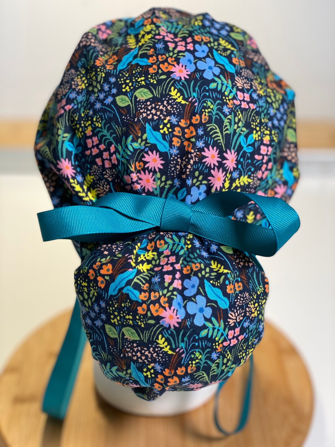 Navy Meadow Scrub Cap Navy Meadow With Teal Ribbon Scrub Hat Etsy