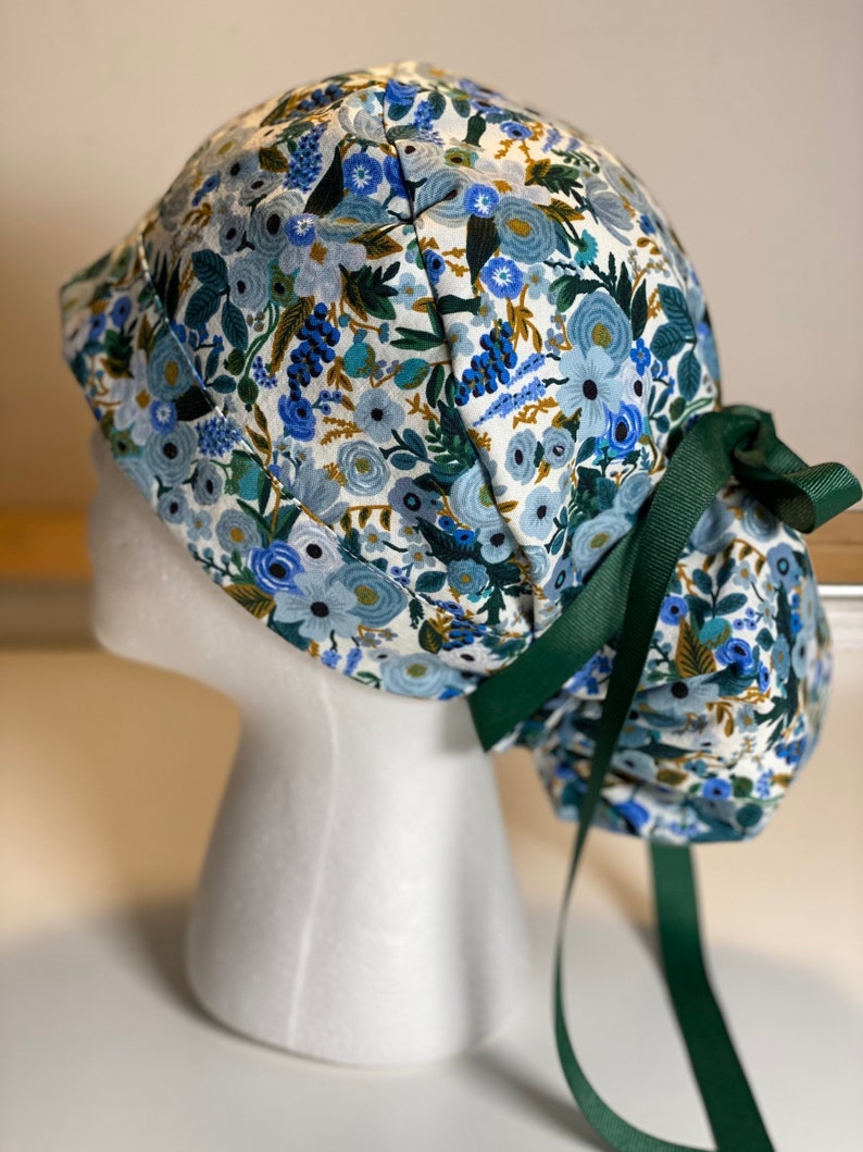 Petite blue garden party scrub hat Bonnet Head Designs Rifle paper surgical hat