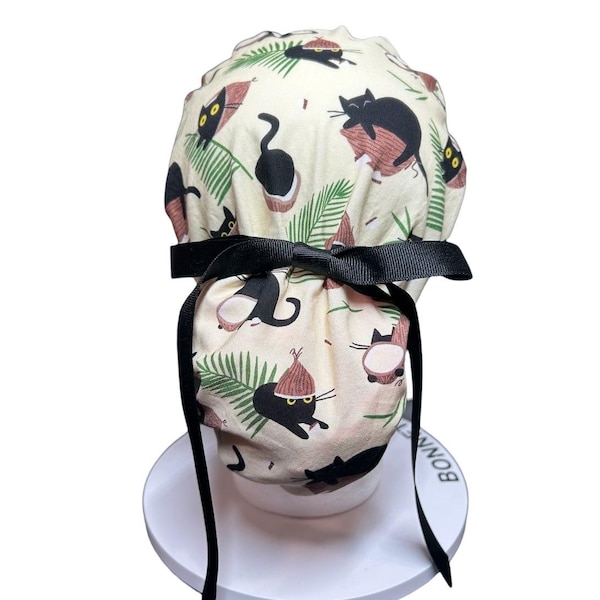 Gorro quirúrgico con cola de caballo de Coconut Cats / Gorro quirúrgico con forro de satén para cabello largo / Regalo de enfermera para amantes de los gatos