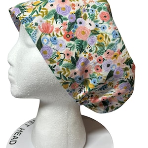 Euro scrub cap in Rifle Paper Co garden party fabric, adjustable toggle scrub hat