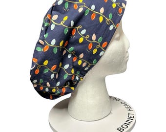 Navy Christmas Lights Euro Style Toggle Scrub hat: Rifle Paper Co fabric