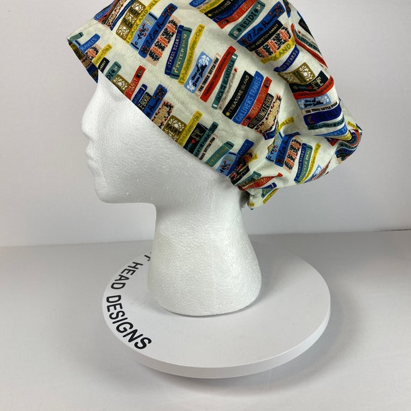 Cream Book club euro scrub cap, women’s book lovers scrub cap euro style , Bonnet Head Designs
