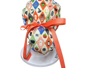 Rifle Paper Co. Halloween Argyle Print Scrub Cap: Ponytail Style with Ribbon Ties