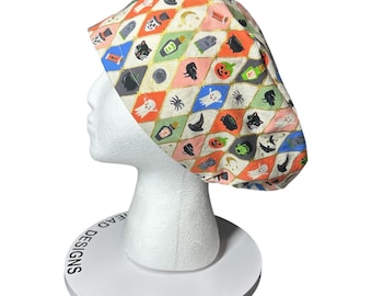 Rifle Paper Co. Halloween Argyle Print Scrub Cap: Euro Style with toggle