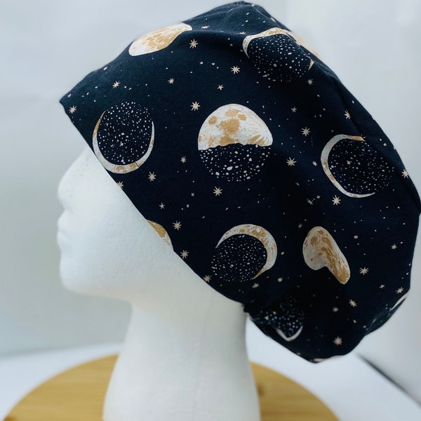 Moon phases women’s euro scrub cap, moon print euro scrub hat, women’s scrub cap with satin lining option