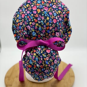 Pink and navy floral scrub cap, ponytail scrub cap satin lining option, floral scrub cap navy, Bonnet Head Designs