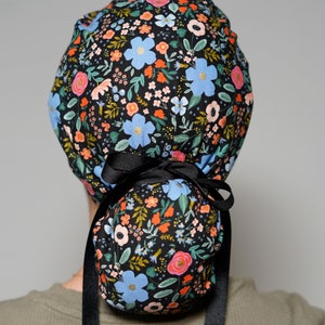 Black floral women’s scrub hat, black metallic wild rose ponytail scrub hat, adjustable pouch scrub cap, Bonnet Head Designs