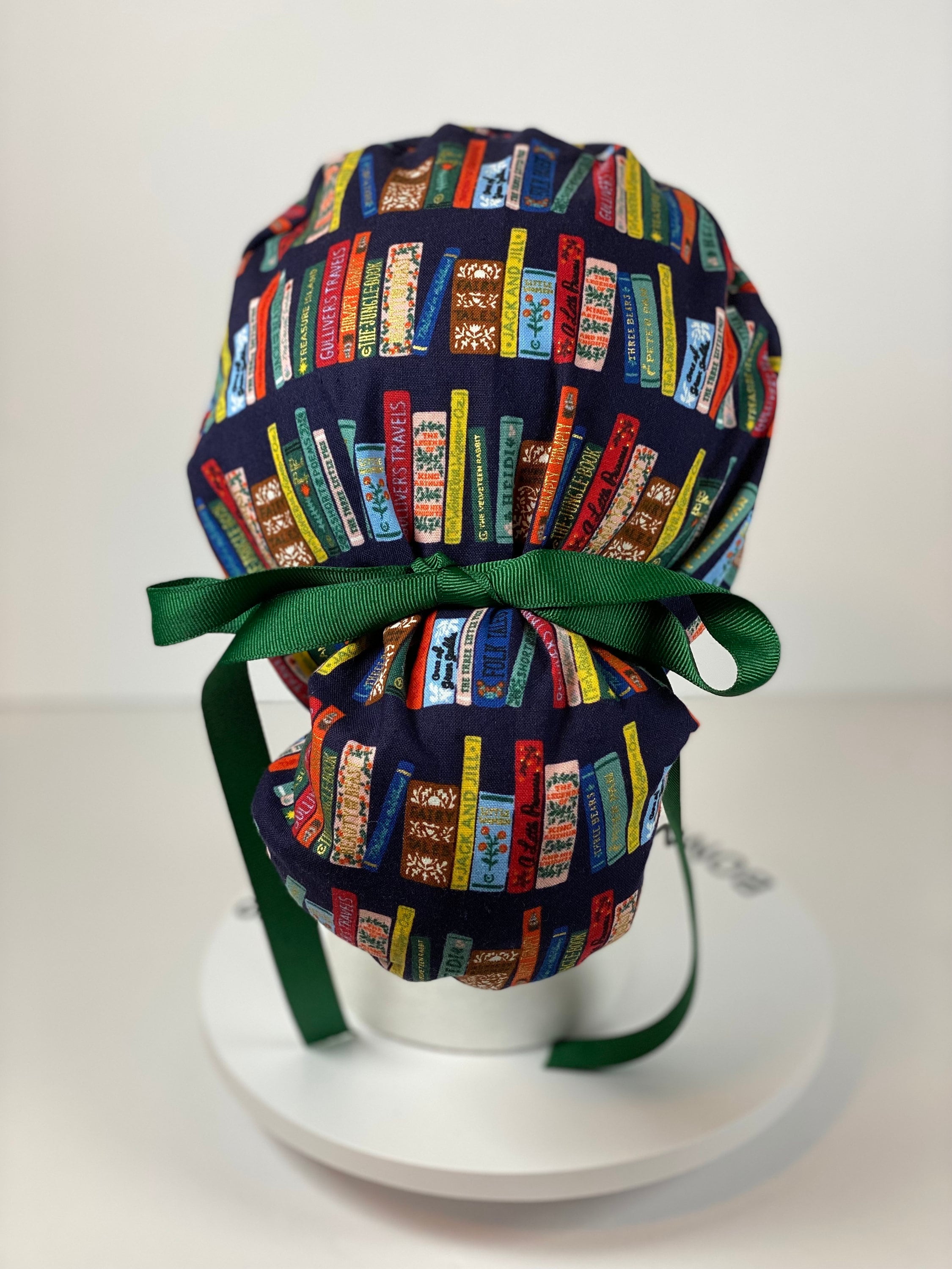 Bookish scrub cap, women’s book lovers scrub cap, Rifle Paper Co navy book club scrub hat, Bonnet Head Designs