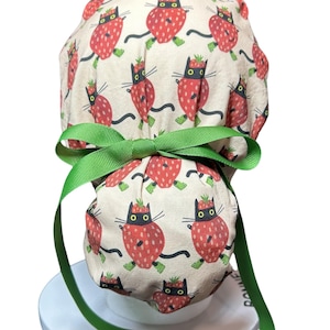 Strawberry Cats Ponytail Scrub Cap | Satin Lined Surgical Cap| Nurse Gift for Cat Lovers