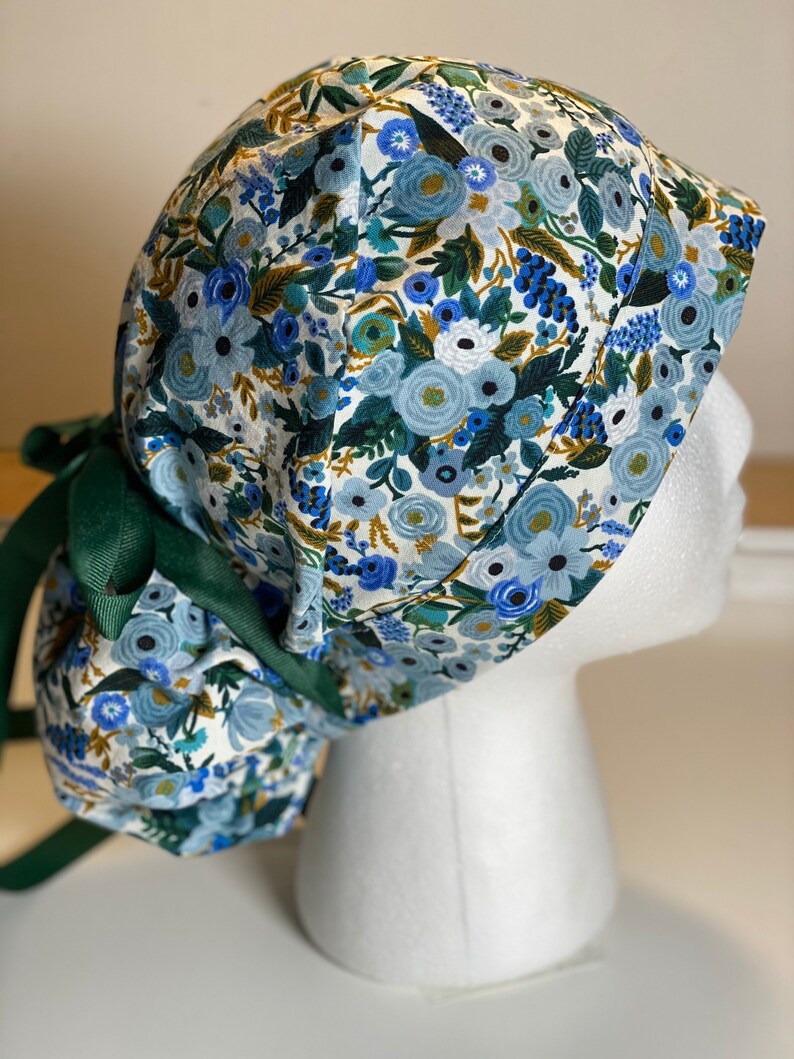 Petite blue garden party scrub hat Bonnet Head Designs Rifle paper surgical hat