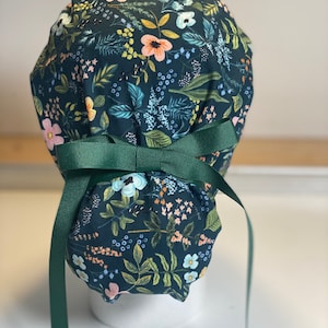 Navy and green amalfi floral ponytail scrub hat, Rifle Paper co green herb garden ponytail scrub cap