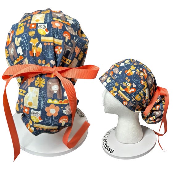 Navy Fall Animal Print Ponytail Scrub Cap: Adjustable Pocket  display picture 1