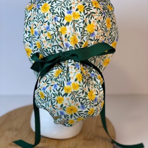 Rifle Paper Co fabric Daisy fields fabric scrub cap, yellow floral ponytail womens scrub cap