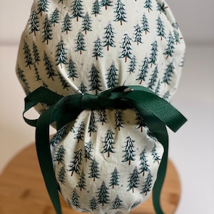 White and Silver Winter fir tree women’s scrub cap- Rifle Paper Co holiday fabric