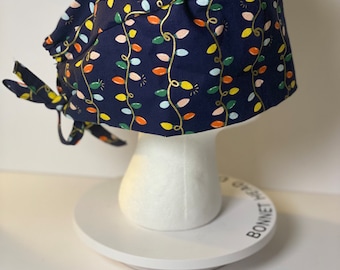 Men’s Navy Christmas lights scrub cap, Rifle Paper Co holiday fabric scrub hat