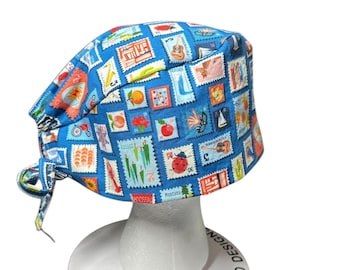 Blue Stamp Print Scrub Hat: Men's Surgical Cap