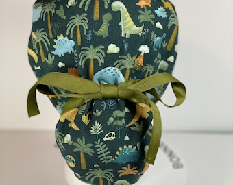 Dinosaur print women’s scrub cap, scrub hat dinosaurs, Bonnet Head Designs