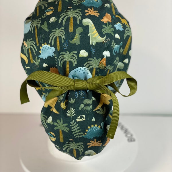 Dinosaur print women’s scrub cap, scrub hat dinosaurs, Bonnet Head Designs