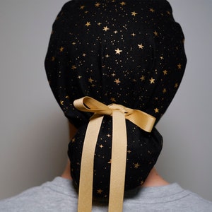 Black & Gold Star Ponytail Scrub Cap - Rifle Paper Co. Fabric