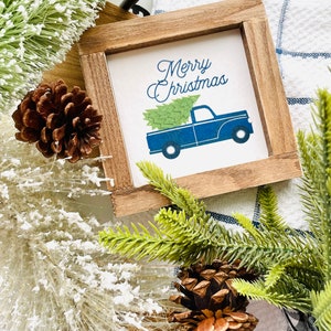 Christmas Truck Tile, Interchangeable decor sign, tiered tray signs, tiered tray decor, interchangeable sign. Holiday decor sign, Blue truck image 2
