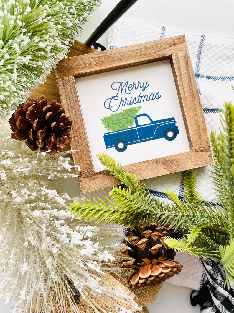 Christmas Truck Tile, Interchangeable decor sign, tiered tray signs, tiered tray decor, interchangeable sign. Holiday decor sign, Blue truck image 2