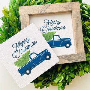 Christmas Truck Tile, Interchangeable decor sign, tiered tray signs, tiered tray decor, interchangeable sign. Holiday decor sign, Blue truck image 1