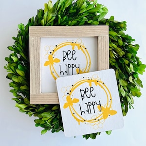 Bee Happy Tile, Interchangeable decor sign, tiered tray, Seasonal home decor, Bee decor, Bee sign, Honey decor, bumble bee, honey bee