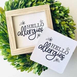 May include: Two signs with the text "HELLO allergies" in black script font on a white background. One sign is framed in wood and the other is a simple white card. Both signs have small flower designs around the text.