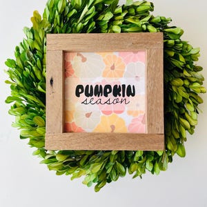 May include: A wooden framed sign with a peach, orange, and white pumpkin pattern and the text "pumpkin season" in black.